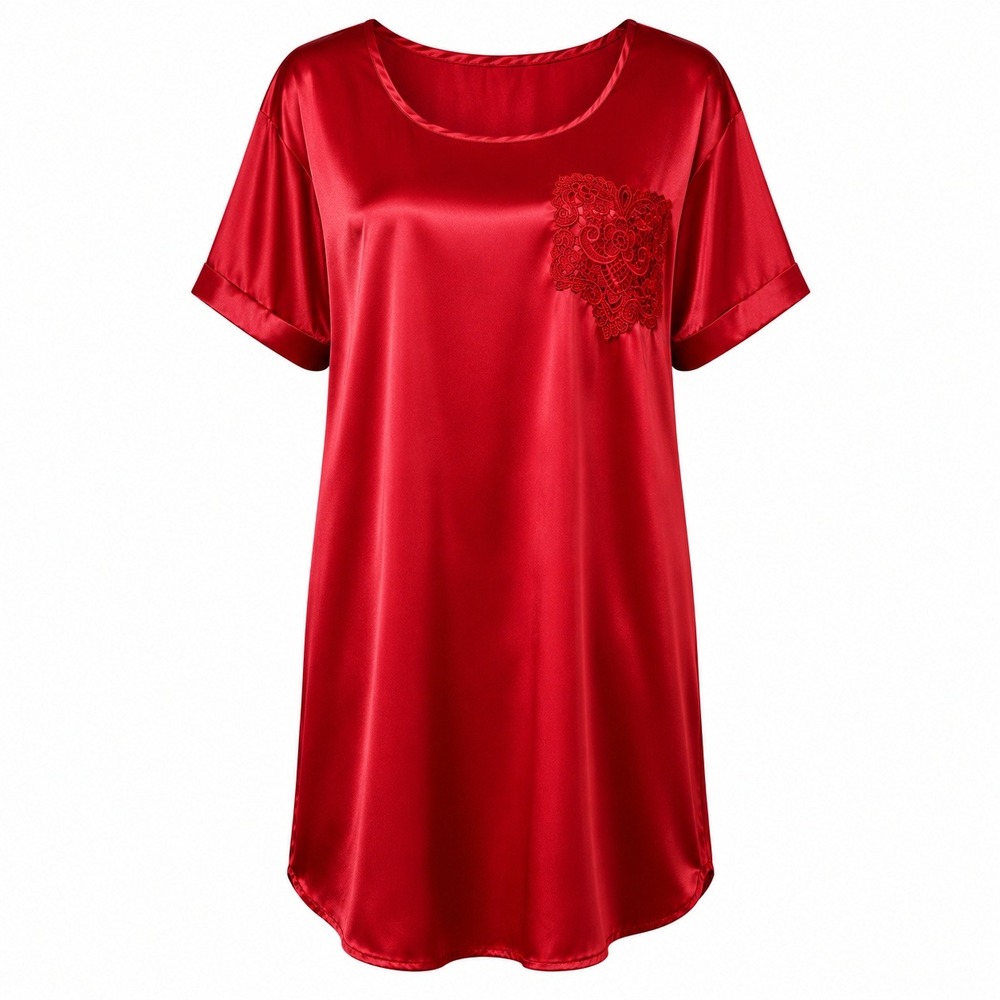 Vintage LA Intimates Red Satin Nightgown Short Sleeve Lace Heart Applique L USA